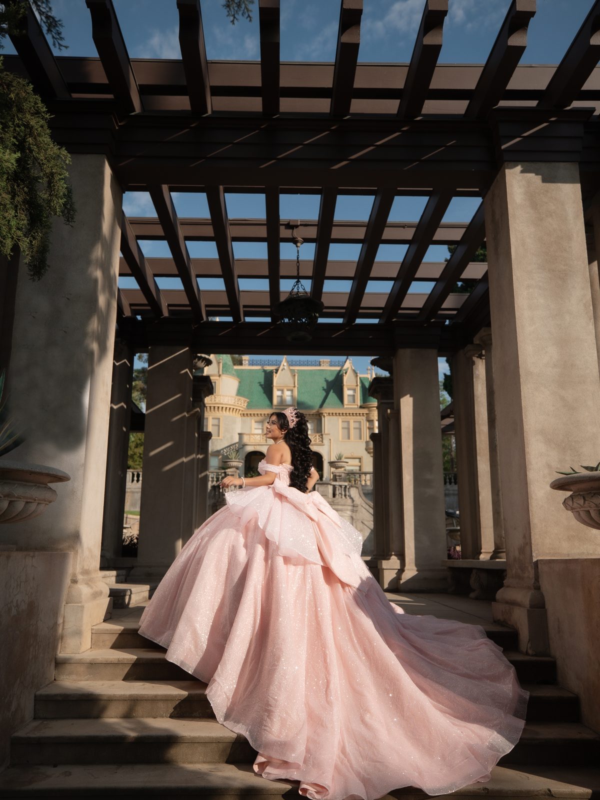 A blush ball gown and its long train on stone steps beneath a pergola